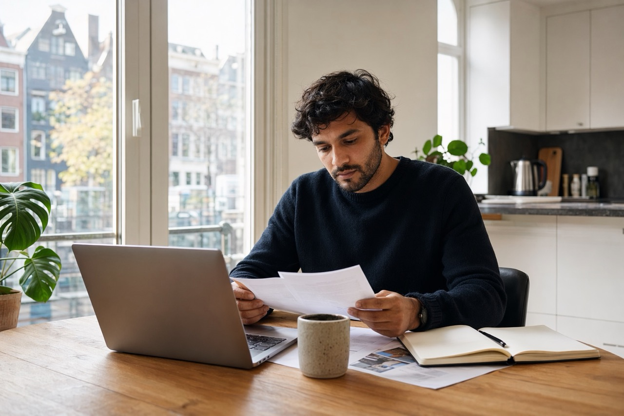 Expat founder reviewing Dutch home buying documents at a kitchen table in Amsterdam