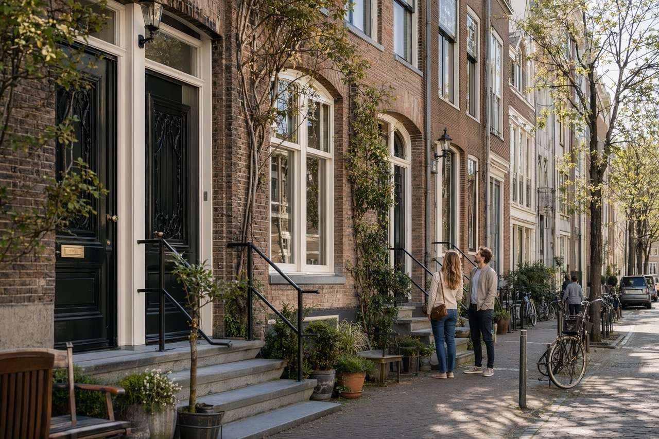 Dutch townhouse street with bicycles and brick facades during a real estate viewing day