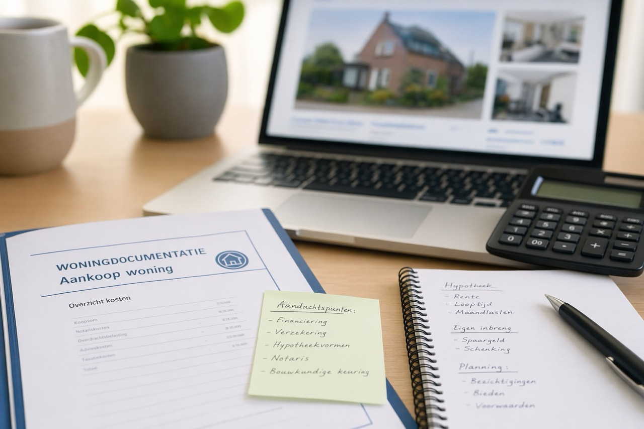 Dutch housing paperwork with calculator and laptop during expat buying preparation