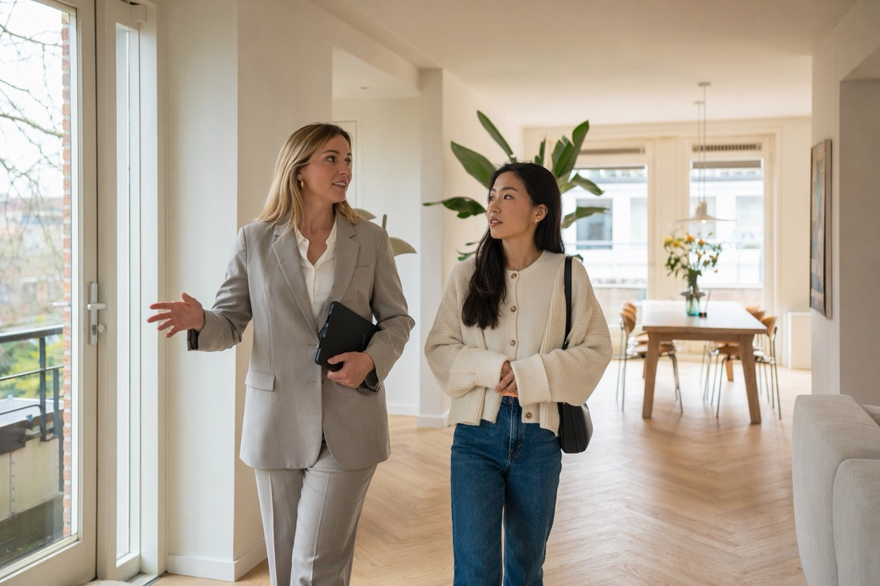 Real estate agent and international buyer walking through a Dutch apartment during a viewing